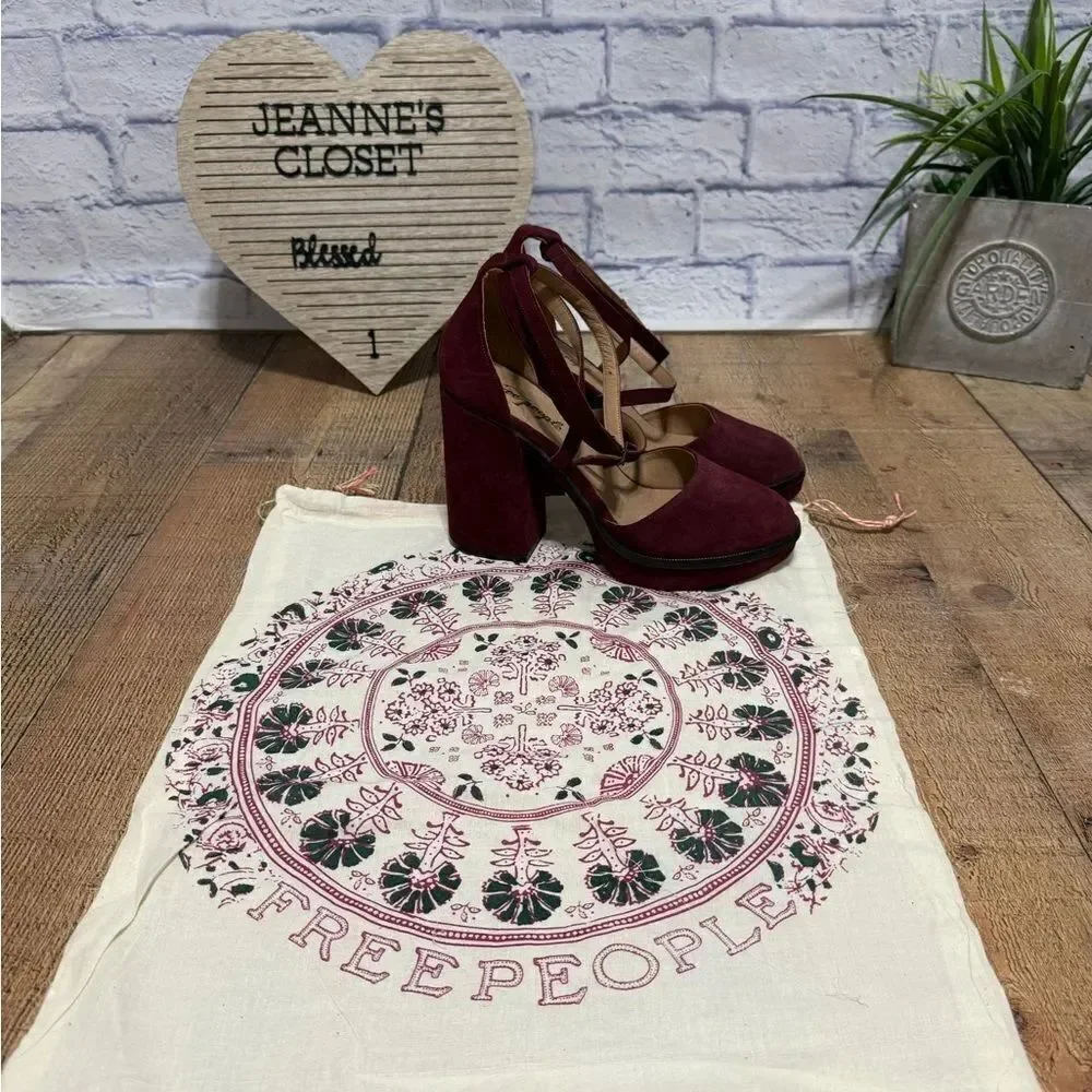 Free People size 41 10 Burgundy Remi Double Strap Suede Platform Shoes